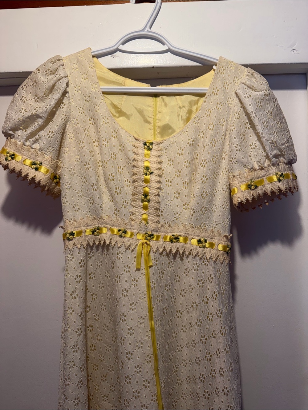 Vintage Ivory Eyelet Dress with Yellow Ribbon trim
